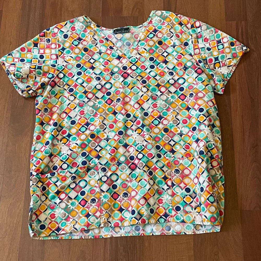 Flowers and Circles Cherokee Women's Scrub Top - size M